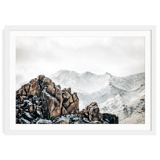 Framed winter landscape photo of Joshua Tree National Park with soft golden desert light rugged rock formations and iconic Joshua trees in a tranquil setting
