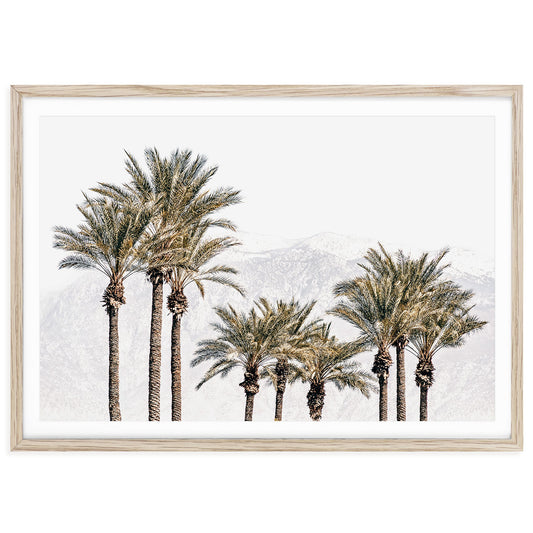 Boho desert landscape wall art print featuring California palm trees in neutral tones, horizontal framed or unframed Palm Springs-inspired home decor