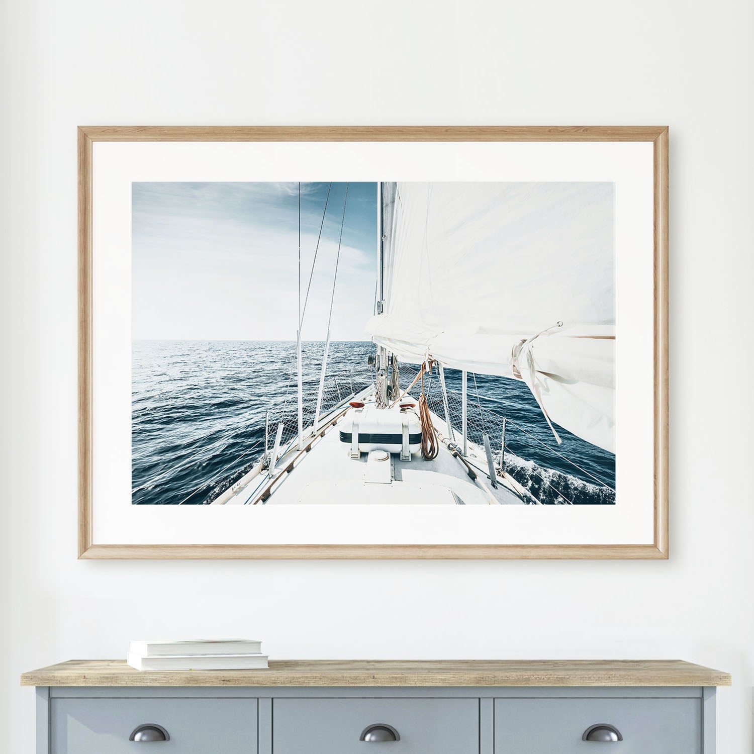 Sailing yacht on calm ocean waters under clear sky nautical photography fine art print framed
