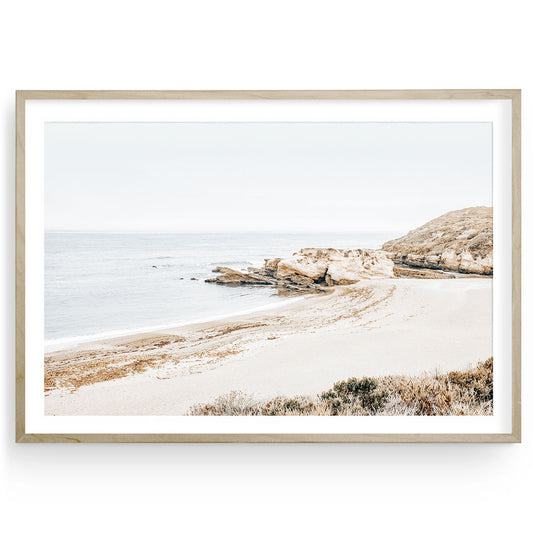 Minimalist Montaña de Oro beach print featuring soft ocean waves and coastal cliffs, neutral tones for modern minimalist wall decor