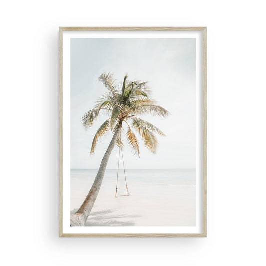 Minimalist beach scene with palm tree and hanging swing in soft muted tones, coastal wall art for serene home decor