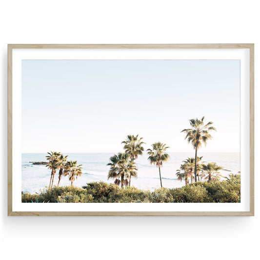 Fine art photo of Laguna Beach coastline during golden hour, with warm sunlight casting soft shadows over waves and cliffs; framed California coastal wall decor.