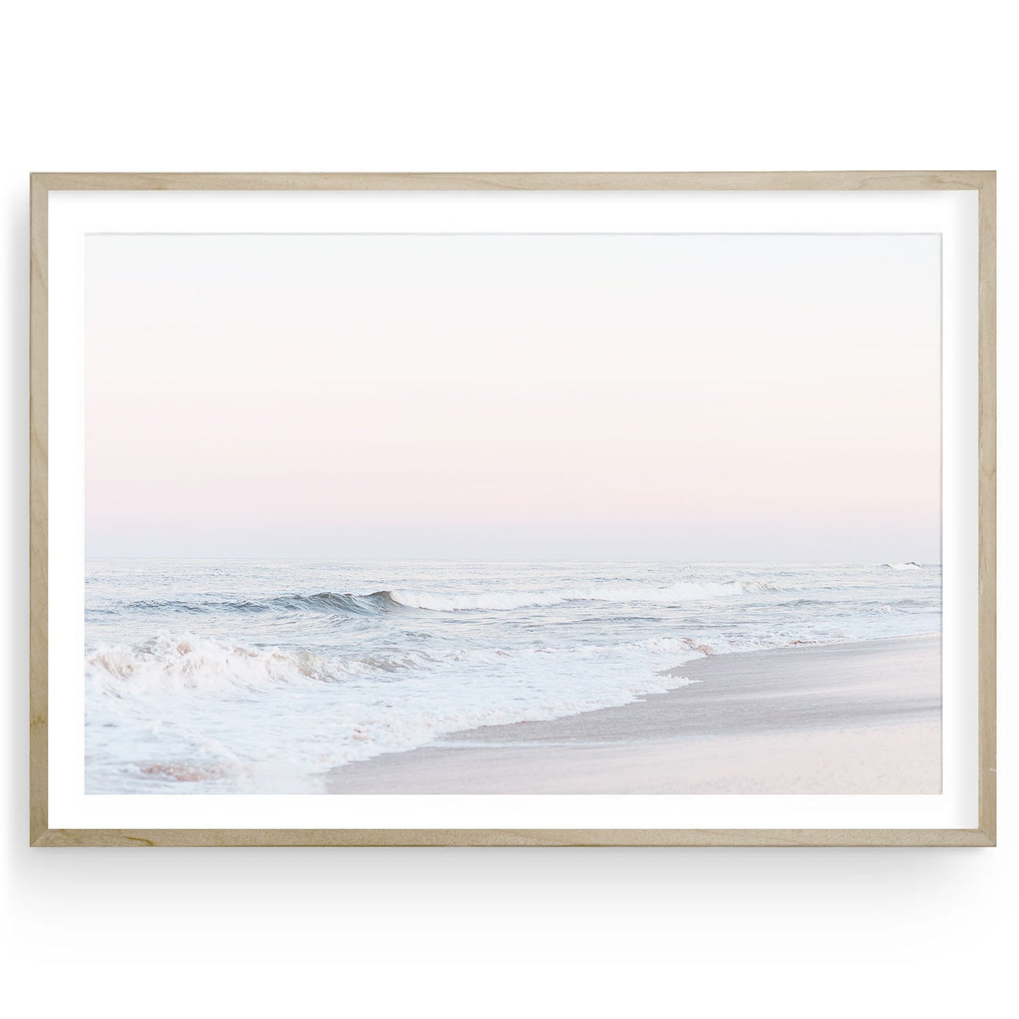 Minimalist ocean photo with pastel pink sunset, serene beach wall art, soft coastal photography print for bedroom or living room, framed or unframed