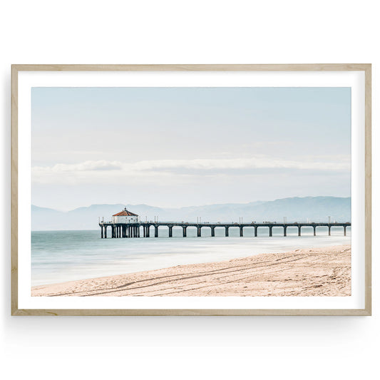 Manhattan Beach Pier in soft blue tones, minimalist California coastal photography print, framed or unframed wall art for serene modern beach house decor.