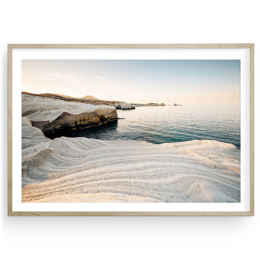 Fine art print of Milos Island cliffs in Greece featuring serene coastal scenery and tranquil blue waters, perfect for Mediterranean or travel-inspired home decor.