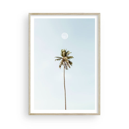 Vertical minimalist tropical palm tree wall art in neutral tones, framed modern coastal decor for bathroom or living room interiors.