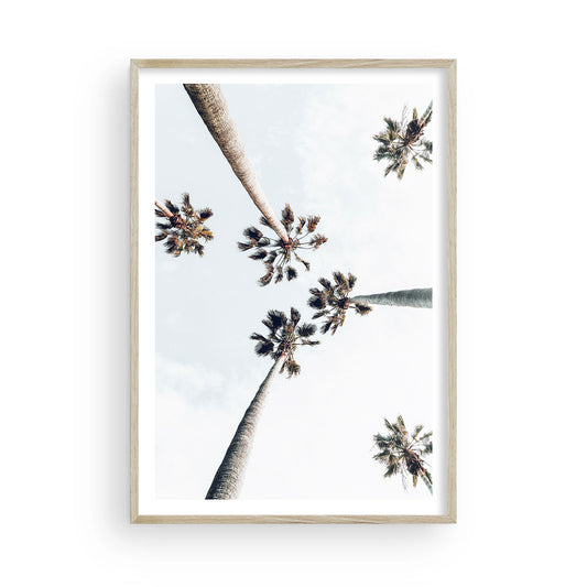 Minimalist fine art print featuring tropical palm trees against a soft sky, in neutral tones, perfect for modern coastal interiors, beach homes, or tropical-inspired decor.