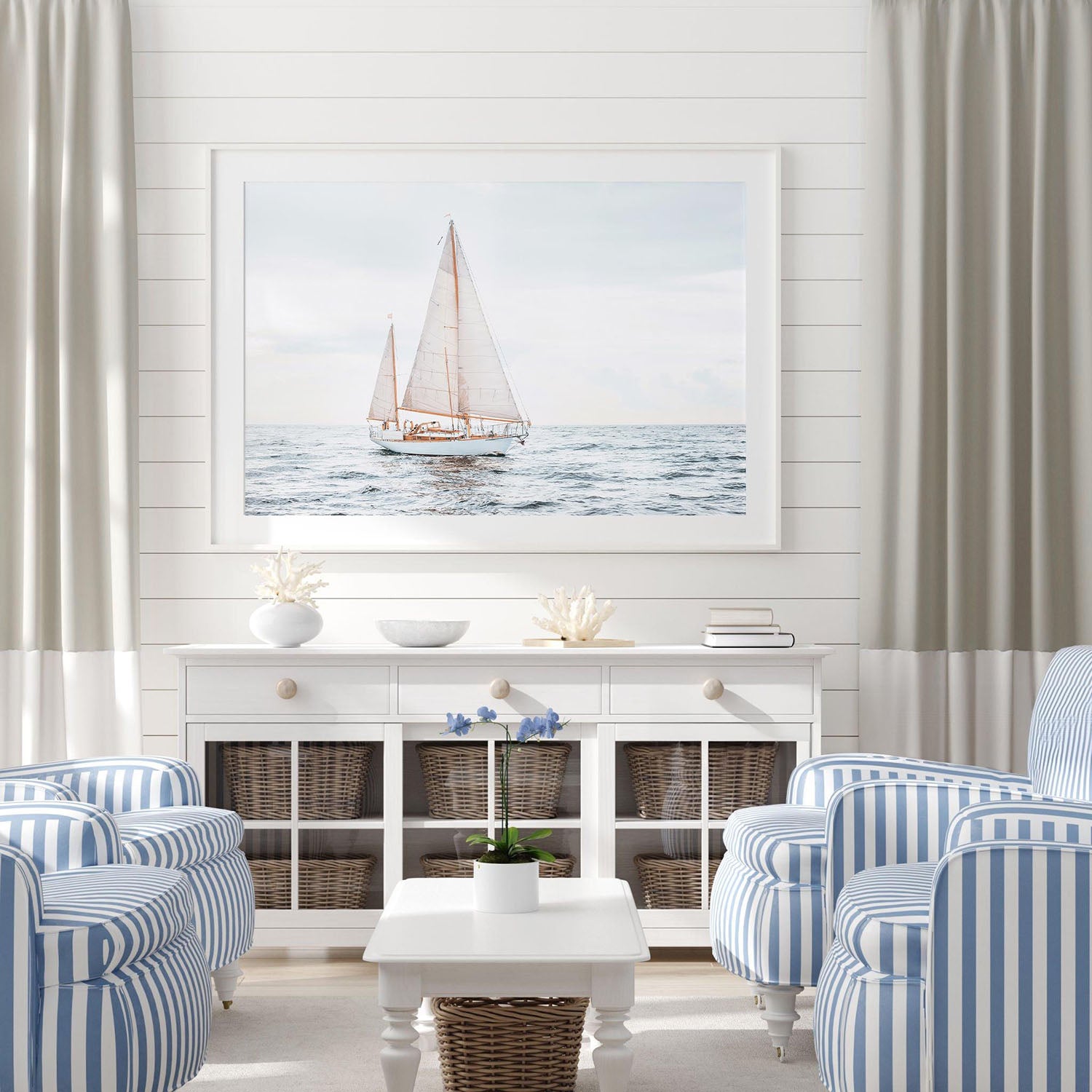Framed sailboat wall art featuring a serene nautical scene, perfect for beach cottage, lake house, or coastal grandmother decor in neutral tones.