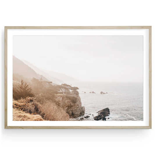 Big Sur coastline fine art print featuring foggy California ocean cliffs, rugged shore photography, neutral tones for coastal wall decor, framed or unframed

