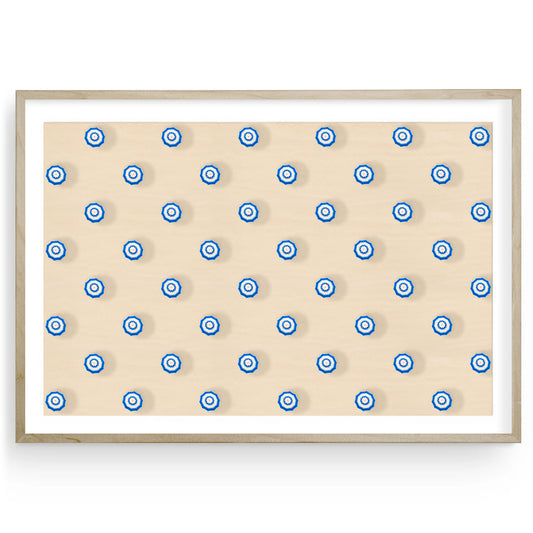 Aerial beach photo of blue and white umbrellas in a patterned layout. Minimalist coastal art print that adds a modern, serene summer vibe to home decor.

