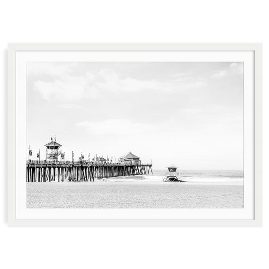 Black and white photograph of Huntington Beach Pier with ocean and horizon wall art print