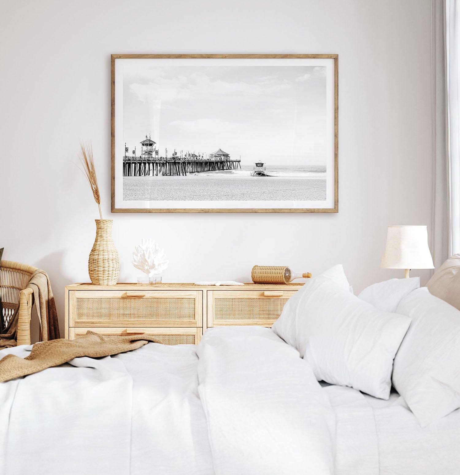Minimalist black and white Huntington Beach Pier wall decor, ideal for bedroom or office