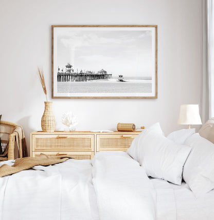 Minimalist black and white Huntington Beach Pier wall decor, ideal for bedroom or office